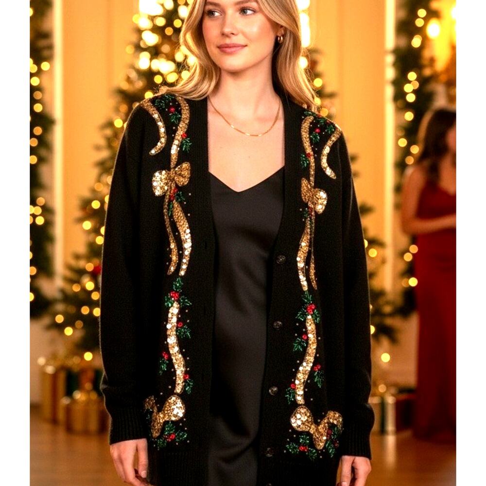 VTG 90s Black Silk Christmas Cardigan Sequin Beaded Jewels Luxury Plus Sz 2X - Picture 2 of 16